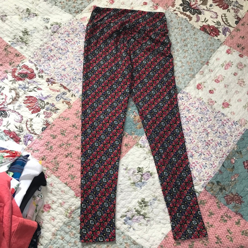 LuLaRoe Leggings Red Blue Black Geometric Paisley Print One Size OS Pants